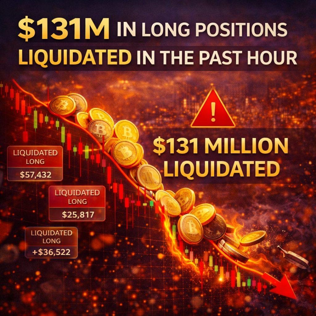 $131M IN LONG POSITIONS LIQUIDATED IN THE PAST HOUR Roughly $131 million  worth of long positions were wiped out across crypto markets in the last  hour amid sudden price volatility. The rapid