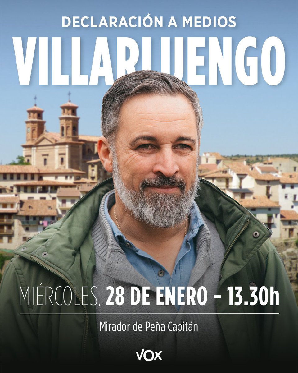 vox_es's tweet image. DECLARACIÓN A MEDIOS en Villarluengo con @Santi_ABASCAL

📅 Miércoles, 28 enero
⏰ 13:30 horas
📍Mirador de Peña Capitán.

¡TE ESPERAMOS!

💪🇪🇸