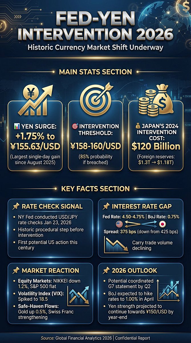 BullTheoryio 🚨 BREAKING: USD/JPY hits ¥155.63 after historic +1.75% Yen  surge! 📈 NY Fed conducts rate checks for first time this century 🏦  Intervention threshold: ¥158-160 (85% probability) ⚠️ BoJ rate hike