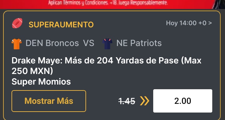 JosRamn99960398's tweet photo. Para el juego de hoy NE vs Broncos tenemos el primer bonus por parte de @SportiumBetMX vamos con todo Maye! #NFL #apuestas https://t.co/9J6O2siLXU