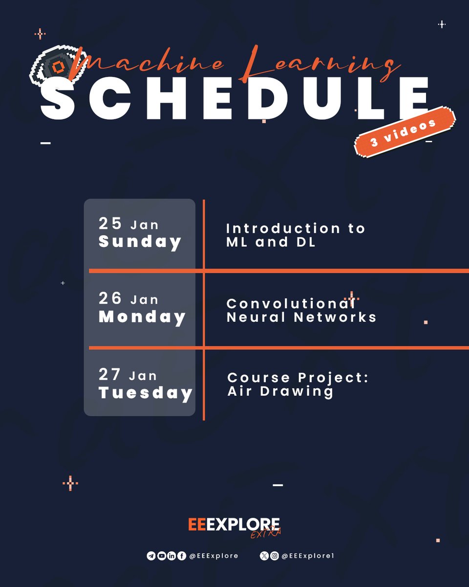 EEEXPLORE1's tweet photo. يبدأ EEExplore Extra رحلته بورشة في أحد أكثر المجالات تطوراً وتقدماً في عالم التكنولوجيا خلال السنين الماضية؛ تعلم الآلة والتعلم العميق - ML & DL.

لابد أن تكون قد طلبت من نموذج ذكاء اصطناعي مسبقاً التعرف على محتويات مقال أو صورة ما ليجاوبك في ثواني، هل تساءلت كيف لهذا النموذج أن يميز ويفهم؟ ورشتنا ستجاوب على هذا التساؤل وأكثر في ثلاثة ايام متتالية بثلاثة حلقات مميزة يقدمها منذر حافظ – مهندس ذكاء اصطناعي وطالب بالسنة الخامسة جامعة الخرطوم مع العديد من المشاريع المميزة في مجال الذكاء الاصطناعي وتعلم الآلة.

 الورشة تتكون من ثلاثة فيديوهات تتناول المواضيع التالية:

 1- Introduction to Machine Learning and Deep Learning

2- Convolutional Neural Networks - CNN

3- Course Project: Air Drawing - Practical Application of Computer Vision

نتمنى ان تنال الورشة استحسانكم وأن تجدوا فيها ما يضيف لكم ويثري معرفتكم.
مشاهدة ممتعة.

رابط الحلقة الاولى تليقرام:
 https://t.co/0zICJY3tlc

رابط الحلقة الاولى يوتيوب:
https://t.co/SZkPG6o7O0
Follow EEExplore platforms for more: 
https://t.co/Iudz9ez31W