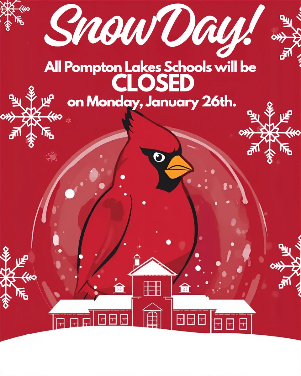 PL_EdAssoc's tweet photo. All Pompton Lakes Schools will be closed on Monday, January 26th. ❄️☃️❄️ https://t.co/lgRTBedWnO