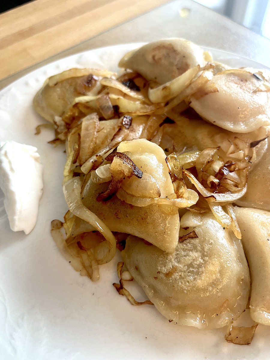 Broke into the stash of pierogis in the freezer for lunch 🥟 will need more sour cream