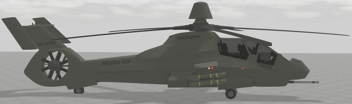 Haarinala's tweet image. So, instead of the apache, they adopted the comanche.. works. probably.

As for the markings guide, I based it off the JSDF ones.

MG-4508
MG - Mizuho, Ground
4508 - Aircraft Registration Number

74508 
7 - Helicopter, Tactical Support
4508 - Aircraft Registration Number