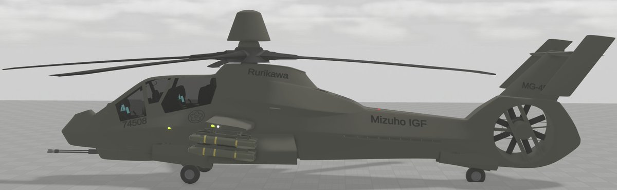 Haarinala's tweet image. So, instead of the apache, they adopted the comanche.. works. probably.

As for the markings guide, I based it off the JSDF ones.

MG-4508
MG - Mizuho, Ground
4508 - Aircraft Registration Number

74508 
7 - Helicopter, Tactical Support
4508 - Aircraft Registration Number