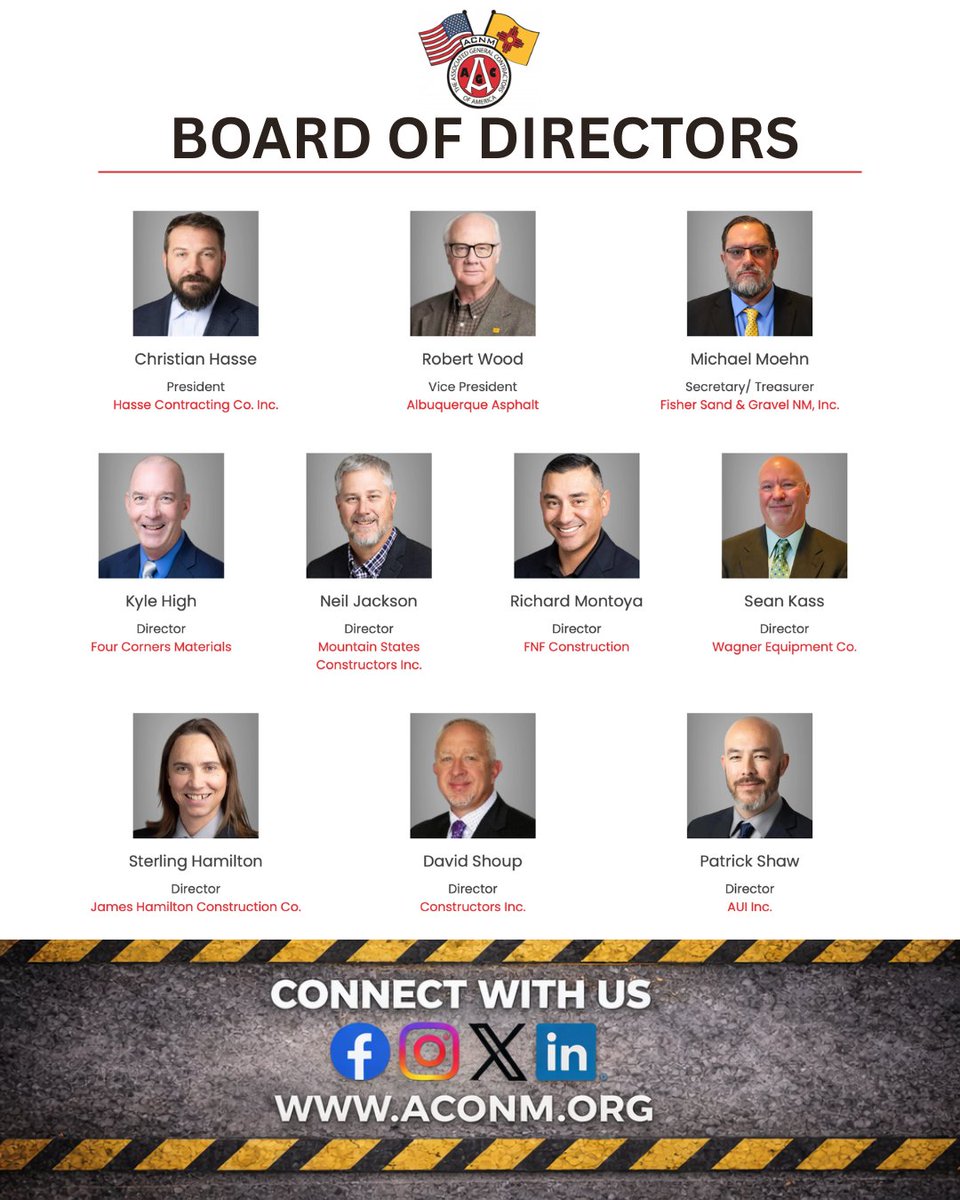 Proud to recognize the ACNM Board of Directors:
Hasse Contracting • Albuquerque Asphalt • Fisher Sand &amp; Gravel NM • Four Corners Materials • Mountain States Constructors • FNF Construction • Wagner Equipment • James Hamilton Construction • Constructors Inc. • AUI Inc.