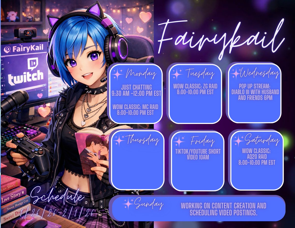 FairyKail's tweet photo. Here is the upcoming schedule this week, Mostly focusing on the stream part for now and trying to spend less time with work to be with my kiddos. Any parent understands the struggle. #parentstreamer #twitchstreamer https://t.co/BCSM6TDYhY