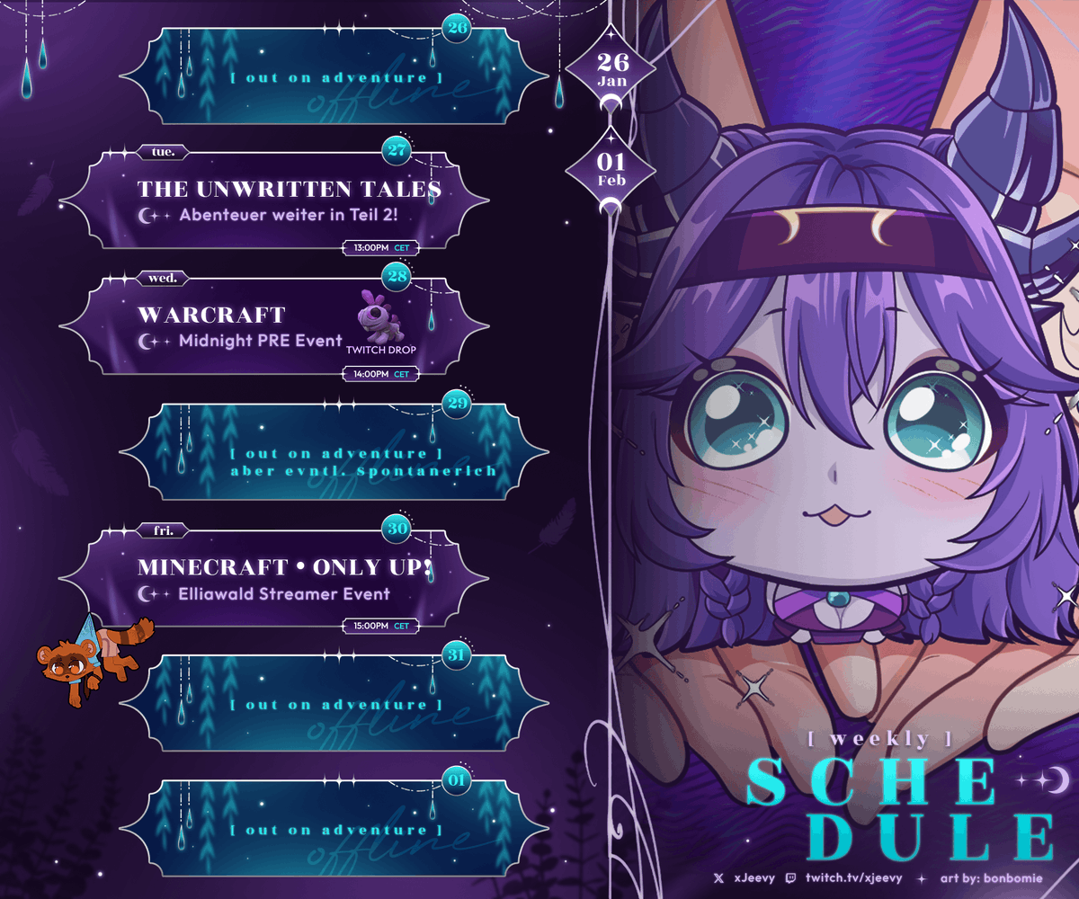 Schedule vom 26.01 - 01.02.26 ⋆⁺‧₊☽            

⋆⋆⁺‧₊⁺⋆ Am Dienstag schwingen wir uns mit einem Gnom, einer Elfin, einem Menschen und einem "Vieh" wieder in die Welt von < The unwritten Tales 2 >

Am Mittwoch ist Pre Patch in Midnight. Wir werden angegriffen. Zu den