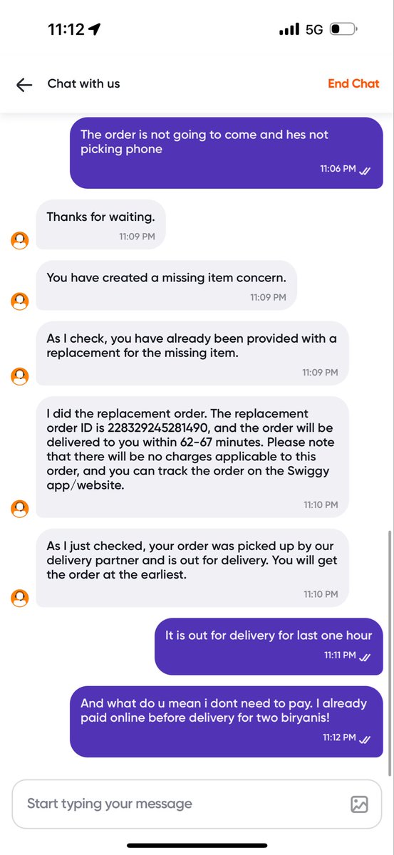 AmanRubey1's tweet photo. @Swiggy please refund my money. 
I ordered two biryani but only one came ( I had already paid for both online) 
Then I complaint so they told me I will get another redelivery but now it has been more than an hour and driver not picking call. https://t.co/PwCc7Paiuh