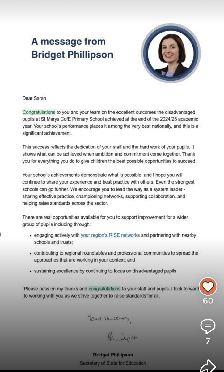 primaryStMarys's tweet photo. We are delighted to share that St Mary’s CofE Primary School has received a letter from Bridget Phillipson, Secretary of State for Education, congratulating our staff and pupils on the excellent outcomes achieved by disadvantaged pupils in the 2024/25 academic year. https://t.co/JVgEabiaJn
