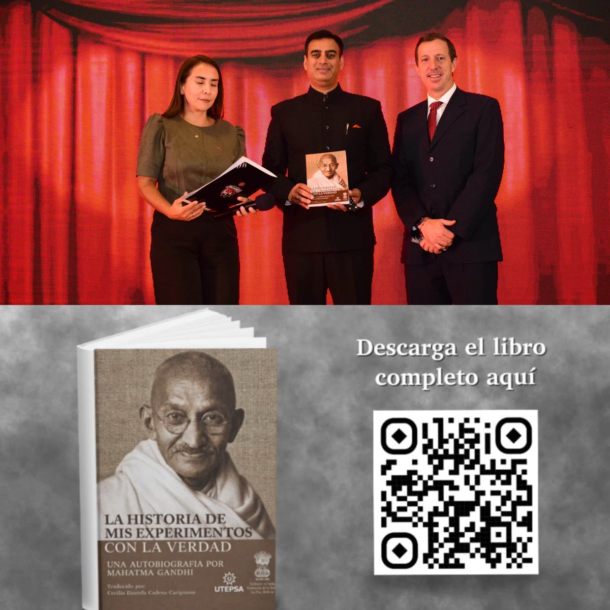 IndiainBolivia's tweet photo. En conmemoración del 77.º Día de la República de la India, la Embajada de la India en La Paz ofreció su primera recepción el 24 de enero en el Club de Golf de La Paz, reuniendo a ministros, viceministros y altos funcionarios del Estado Plurinacional de Bolivia, el cuerpo diplomático, académicos, líderes empresariales, instituciones culturales y la comunidad de la India.

Su Excelencia, el Sr. Carlos Paz Ide, Viceministro de Relaciones Exteriores, asistió como invitado de honor, en representación del Ministro de Relaciones Exteriores, Sr. Fernando Aramayo Carrasco.

También estuvieron presentes la Ministra de Salud y Deportes, el Ministro de Minería y Metalurgia, el Viceministro de Comercio Exterior e Integración y otros viceministros.

Un momento clave fue el lanzamiento de la traducción digital al español de "Mis Experimentos con la Verdad" de Mahatma Gandhi, producida conjuntamente con @UTPSC_Bolivia. 

📕Enlace: https://t.co/4grq9NZSVo)

La velada contó con un programa cultural cuidadosamente seleccionado con actuaciones de grupos de danza Dil Deewana, Deva Dasya y Ganesh, que reflejaron la vitalidad artística de la India.

Una demostración especial de yoga a cargo de Shanti Yoga desplegó fluidez y naturalidad en movimiento.

Se ofreció a los invitados una selección de platos de la cocina de la India, preparados especialmente para la ocasión.

La Embajada expresó su agradecimiento al Gobierno de Bolivia, a los ministerios participantes, las misiones diplomáticas, las universidades, las cámaras empresariales, los grupos culturales y a todos los socios cuya colaboración continúa fortaleciendo la amistad y la cooperación entre India y Bolivia.

Las celebraciones concluyeron con la reafirmación del compromiso de la India de colaborar estrechamente con Bolivia en ��reas de interés mutuo y prioridades globales compartidas.

---------------

To mark the 77th Republic Day of India, the Embassy of India in La Paz hosted its first-ever reception on 24 January at the Golf Club in La Paz, bringing together Ministers, Vice Ministers and Senior officers of the Plurinational State of Bolivia, diplomatic corps, academia, business leaders, cultural institutions and the Indian community.

H.E. Mr. Carlos Paz Ide, Vice Minister of Foreign Affairs, graced the occasion as Chief Guest, representing FM Mr. Fernando Aramayo Carrasco.

Also present were Minister of Health & Sports, Minister of Mining & Metallurgy, Vice Minister of Foreign Trade & Integration and other Vice Ministers.

A key highlight was the launch of the Spanish digital translation of Mahatma Gandhi’s “My Experiments with Truth”, jointly produced with @UTPSC_Bolivia.

📕Link:https://t.co/4grq9NZSVo)

The evening featured a curated cultural programme with performances by Dil Deewana, Deva Dasya, Ganesh dance groups reflecting India’s artistic vibrancy.

A special yoga demonstration by Shanti Yoga displayed fluidity and flow in motion.

Guests were served a selection of Indian cuisine, prepared specially for the occasion.

The Embassy conveyed gratitude to the Government of Bolivia, participating ministries, diplomatic missions, universities, business chambers, cultural groups and all partners whose collaboration continues to strengthen India–Bolivia friendship and cooperation.

The celebrations concluded with a reaffirmation of India’s commitment to working closely with Bolivia on areas of mutual interest and shared global priorities.

@MEAIndia @MRE_Bolivia @PMOIndia @mygovindia @IndianDiplomacy @PIB_India @airnewsalerts @DDNewslive @SaludDeportesBo @minmineriabo @AmbRohitV