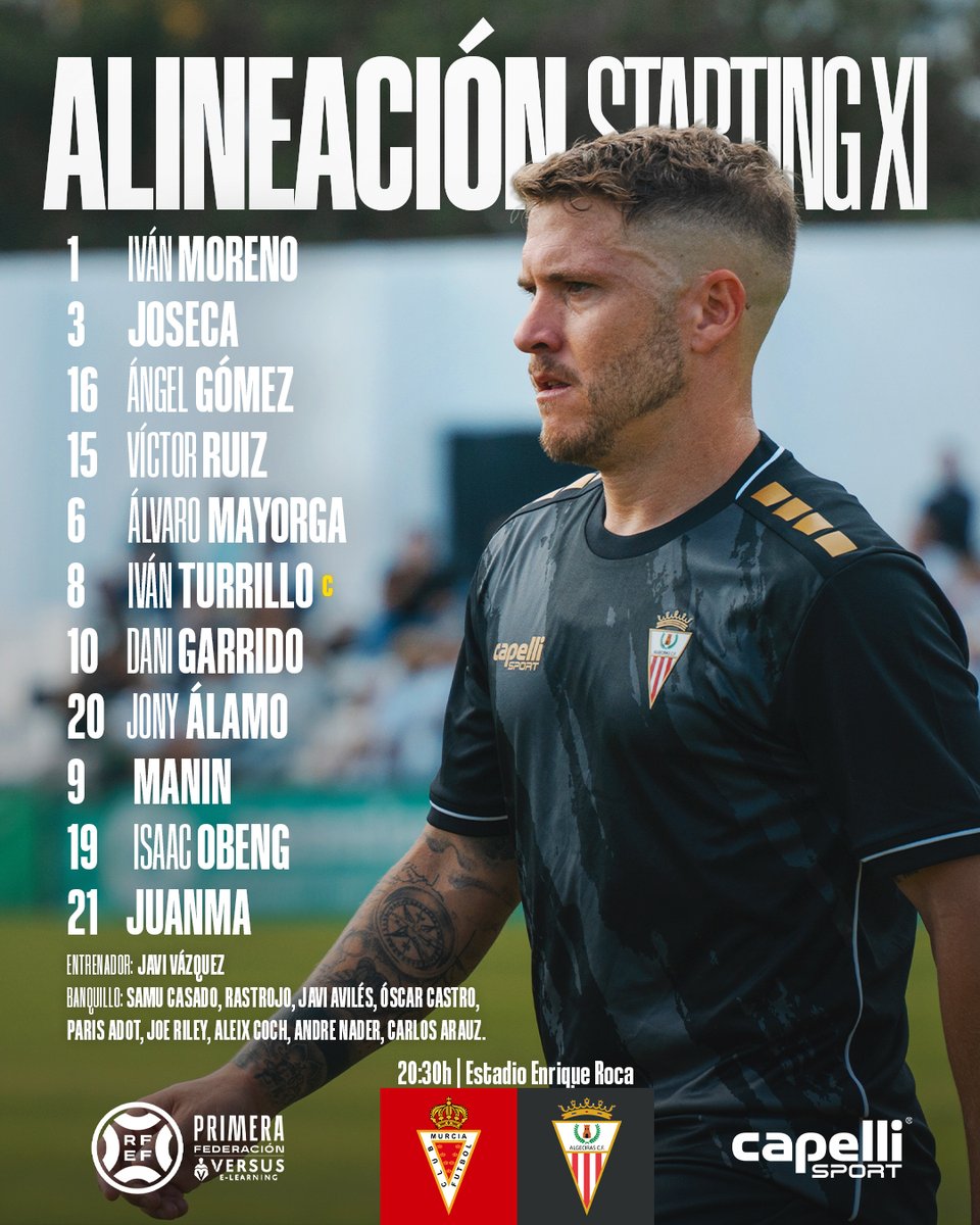 📋 𝐎𝐍𝐂𝐄 | Ya tenemos alineación para saltar al césped del Enrique Roca de #Murcia.

1️⃣ Iván Moreno
3️⃣ Joseca
1️⃣6️⃣ Ángel Gómez
6️⃣ Mayorga
1️⃣5️⃣ Víctor Ruiz
8️⃣ Iván Turrillo
2️⃣0️⃣ Jony Álamo
🔟 Dani Garrido
1️⃣9️⃣ Obeng
2️⃣1️⃣ Juanma
9️⃣ Manín

#RealMurciaAlgecirasCF