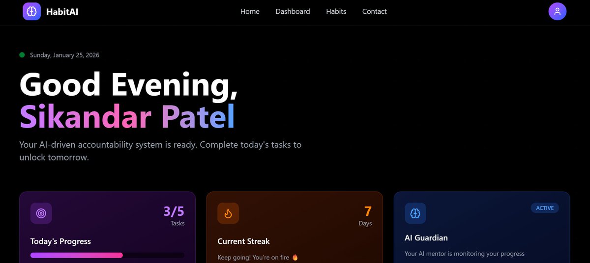 NazishPatel7's tweet photo. Building Habit AI in public 👀
Sharing early homepage &amp; signup screens.
Smarter habits. Powered by AI — designed to help people stay consistent, focused, and intentional.
This is an early build. A lot more logic, intelligence, and features are coming 🚧🚀
#HabitAI #BuildInPublic https://t.co/YkTOGr8QkX