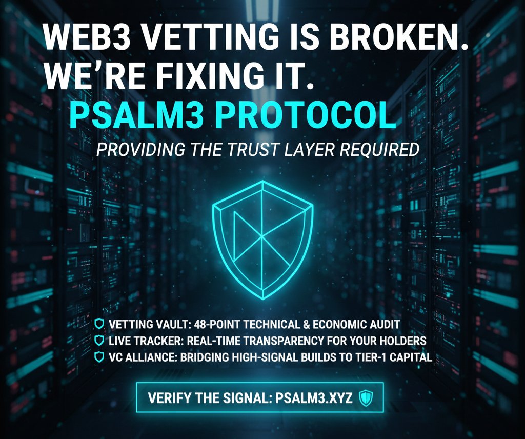 Web3 vetting is broken. We’re fixing it. 🏛️

​Most projects are just a whitepaper and a dream. Psalm3 Protocol provides the Trust Layer required for the institutional gaze.

​🔹 Vetting Vault: 48-point technical &amp; economic audit.
🔹 Live Tracker: Real-time transparency for your
