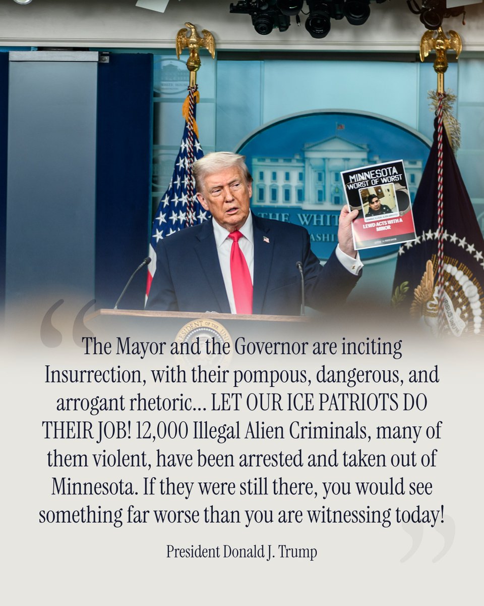 WhiteHouse's tweet image. ICE heroes are removing dangerous criminal illegals off our streets to protect American families.

Meanwhile, Minnesota’s local leadership repeatedly chooses politics over the safety of law-abiding Americans.