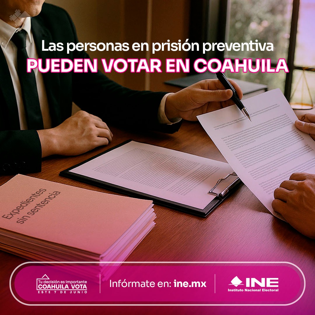 En las #Elecciones2026MX en Coahuila se reconoce el derecho a votar de las personas en prisión preventiva ⚖️.​

​Esta modalidad de votación permite que las personas puedan ejercer su sufragio de manera informada y segura 📝✔️​

Infórmate en: ine.mx