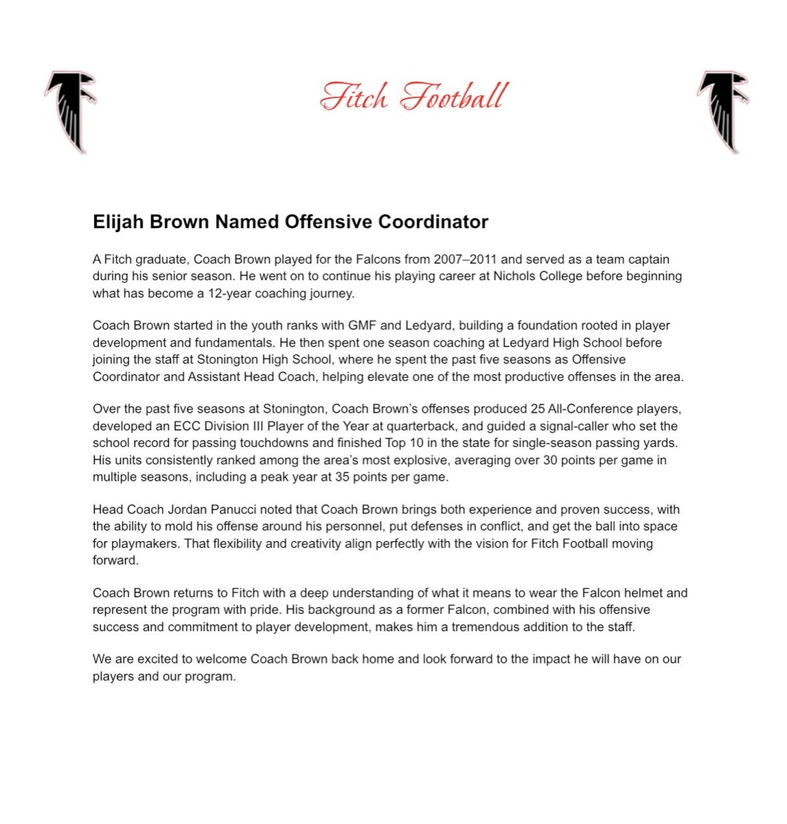 football_fitch's tweet image. Welcome Home, Coach Brown!

Fitch Football is proud to introduce Elijah Brown as our new Offensive Coordinator.

Read more on Facebook facebook.com/share/p/1C3yr4…

#TheTimeIsNow #cthsfb