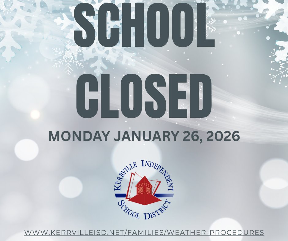 KISD Update:
All District offices and school campuses will be closed Monday, Jan. 26, 2026, due to weather concerns.
We plan to resume normal operations on Tuesday, Jan. 27, 2026.

Stay informed through our website, social media, and local media outlets.