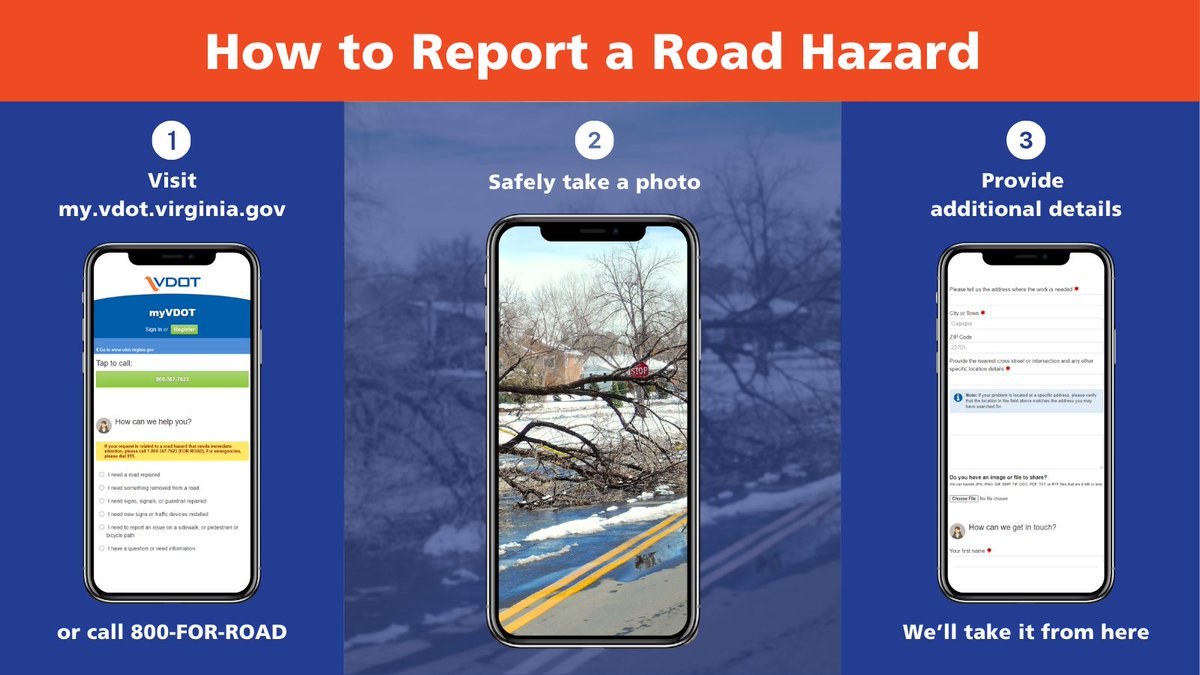 Precipitation and wind are forecasted today. Be alert for downed trees, power lines and debris on the roadways. To report a road hazard on a state-maintained roadway, contact VDOT’s 24-hour Customer Service Center at my.vdot.virginia.gov or 800-FOR-ROAD (800-367-7623).
