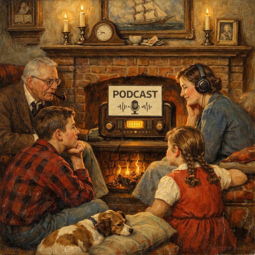 During this generational winter storm, why don't you and your family gather round the hearth like the good folks in our AI promotional image and fire up a few episodes of the Silver Screen Video podcast?