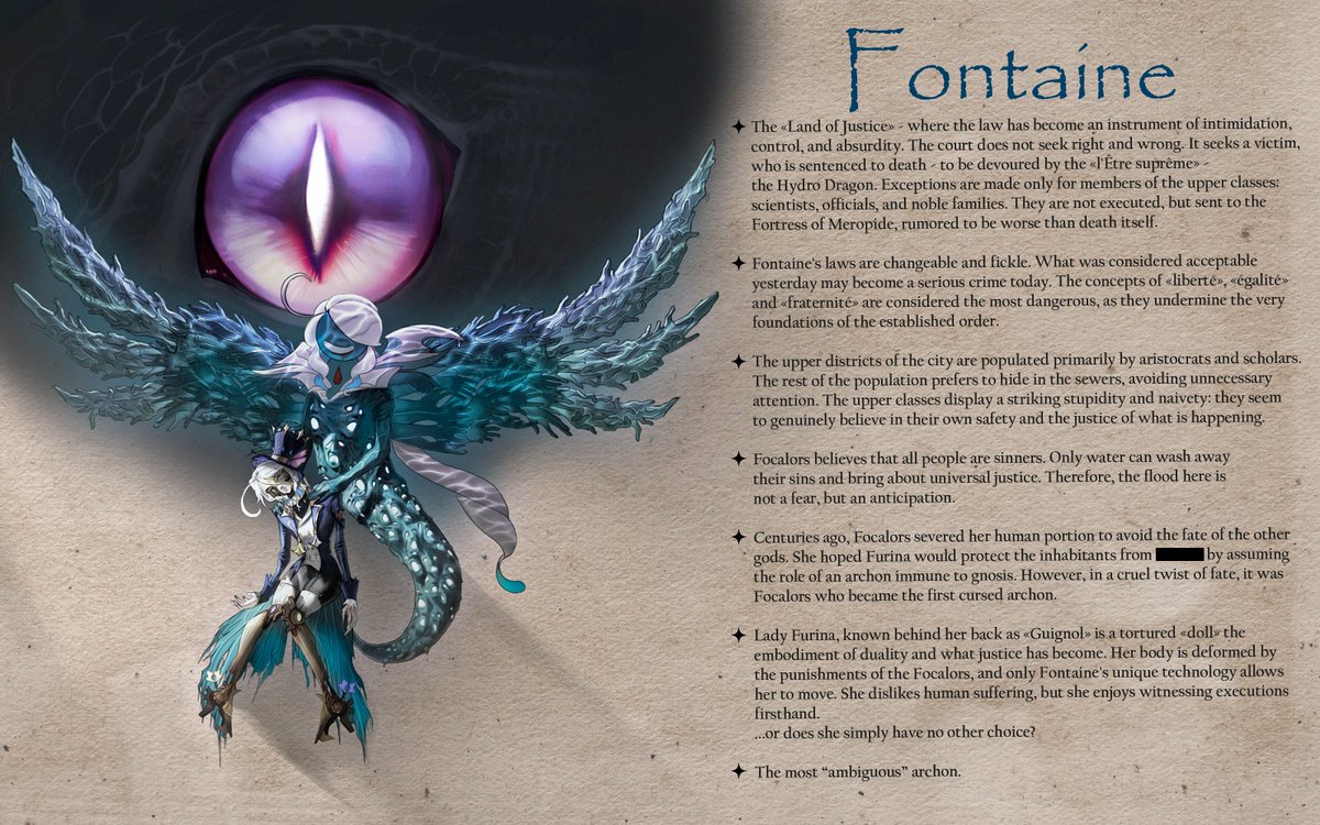 Dark Teyvat  Page 6 of ???     

..all the residents here wear theatrical masks, as if to emphasize the absurdity of their laws and courts. Or maybe this is how they hide their true nature?

 #GenshinImpact📷 #Furina #Focalors #Neuvillette #DarkTeyvat