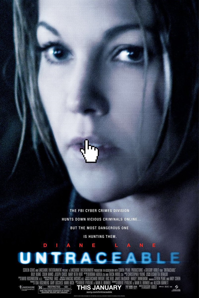 FilmNewsNos's tweet photo. 🎬 MOVIE HISTORY: 18 years ago today, January 25, 2008, the movie ‘Untraceable’ opened in theaters!
#DianeLane #ColinHanks #BillyBurke #JosephCross #MaryBethHurt #TyroneGiordano #PerlaHaneyJardine @jessetyler #ChristopherCousins #TimDeZarn #DaxJordan #GregoryHoblit https://t.co/PR0zt4t6mU