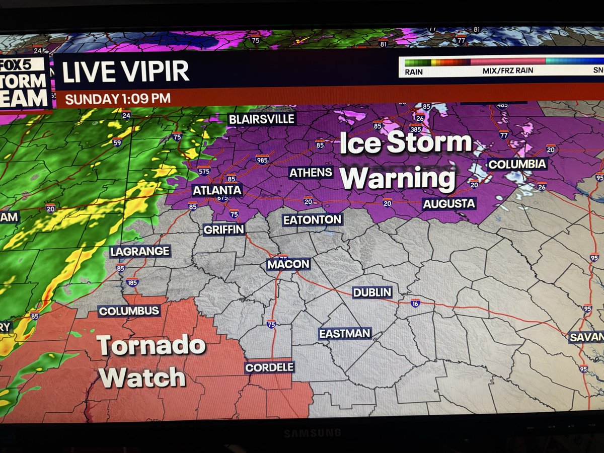 A first for me: In nearly 42 years of forecasting GA weather, never had an Ice Storm Warning and Tornado Watch on the same map. Severe storm threat stays south, but additional icing is likely this afternoon.