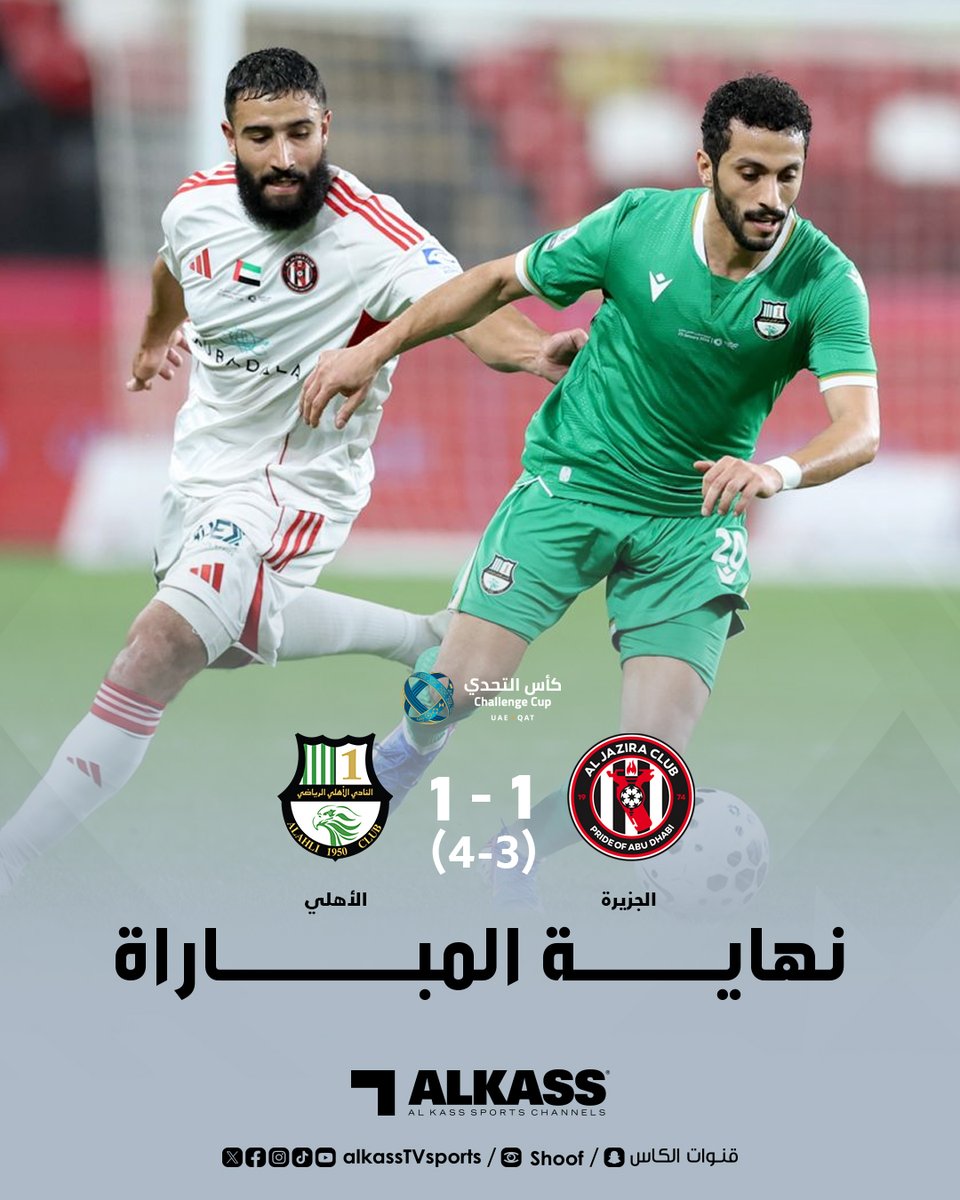 نهاية المباراة | 
الأهلي يحرز كأس التحدي ضمن السوبر القطري الإماراتي بفوزه على الجزيرة بركلات الترجيح 

#الأهلي_الجزيرة 
#السوبر_القطري_الإماراتي
#قنوات_الكاس || #منصة_شووف
