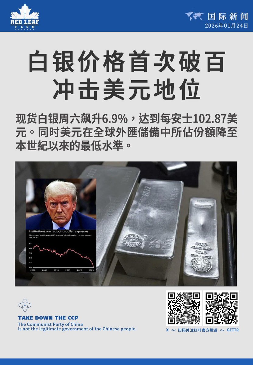 白银价格首次破百冲击美元地位现货白银周六飙升6.9%，达到每安士102.87美元。同时美元在全球外匯儲備中所佔份額降至本世紀以來的最低水準。 #白银 价格#