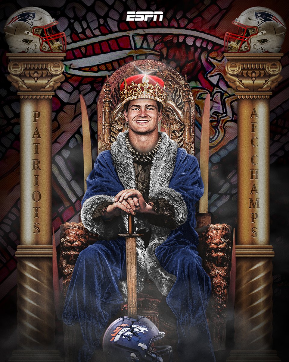 espn's tweet image. THE THRONE IS RECLAIMED 👑 

New England is AFC royalty again, headed to the Super Bowl for the first time since Super Bowl LIII.