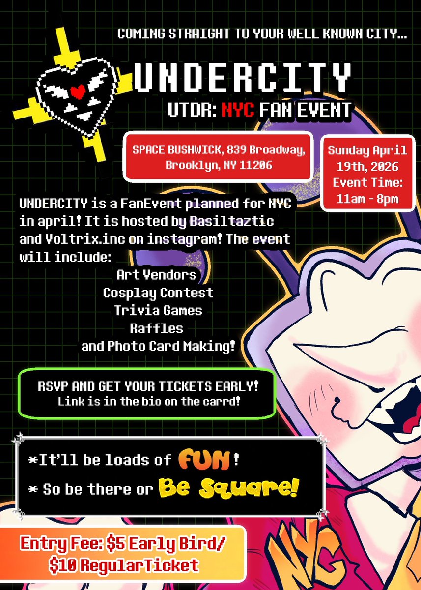 DRRelationsZine's tweet photo. Hi Lightners! Do you want to attend a UTDR Fan Event? Well now you can in April! Come over to Brooklyn and join us for loads of fun! 

Our event will be on April 19, 2026. Earlybird tickets are currently available on TIXFOX on the carrd in our bio! 
#undertale #DELTARUNE #nyc https://t.co/PS2UxrELtI