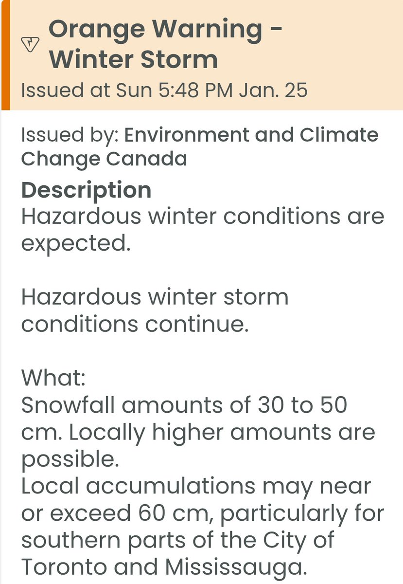 🟧 WINTER STORM WARNING: "Local accumulations may near or exceed 60 cm, particularly for southern parts of Toronto &amp; Mississauga. Winds gusting to 50 km/h." 🌨🌨💨 #Mississauga FULL ALERT 🚨: theweathernetwork.com/en/city/ca/ont… | #CyclingSafety ⚠️
#WinterCycling ❄️ #bikeMississauga 🚲