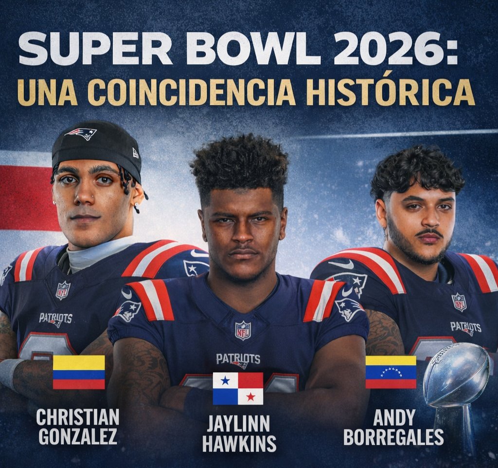 Por primera vez en la historia, tres jugadores latinoamericanos Andy Borregales 🇻🇪, Christian Gonzalez 🇨🇴 y Jaylinn Hawkins 🇵🇦 forman parte de un equipo en el Super Bowl <a href="/Patriots/">New England Patriots</a>. Un hito sin precedentes que marca un antes y un después para la presencia latina en la NFL.