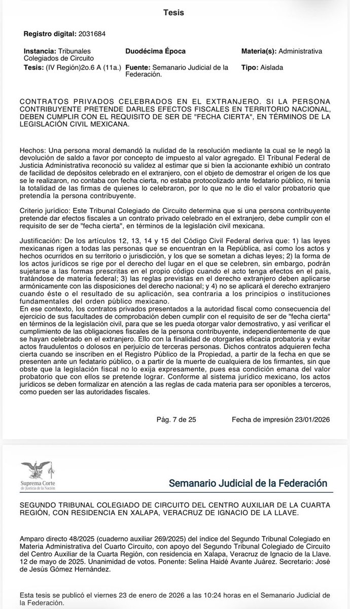 𝐂𝐀𝐒𝐎 𝐂𝐋𝐀𝐕𝐄 (𝐓𝐄𝐒𝐈𝐒 𝐄𝐍𝐄 𝟐𝟎𝟐𝟔)

Un contrato celebrado en el extranjero NO produce efectos fiscales en México
 si no cumple con “fecha cierta” conforme al derecho civil mexicano.