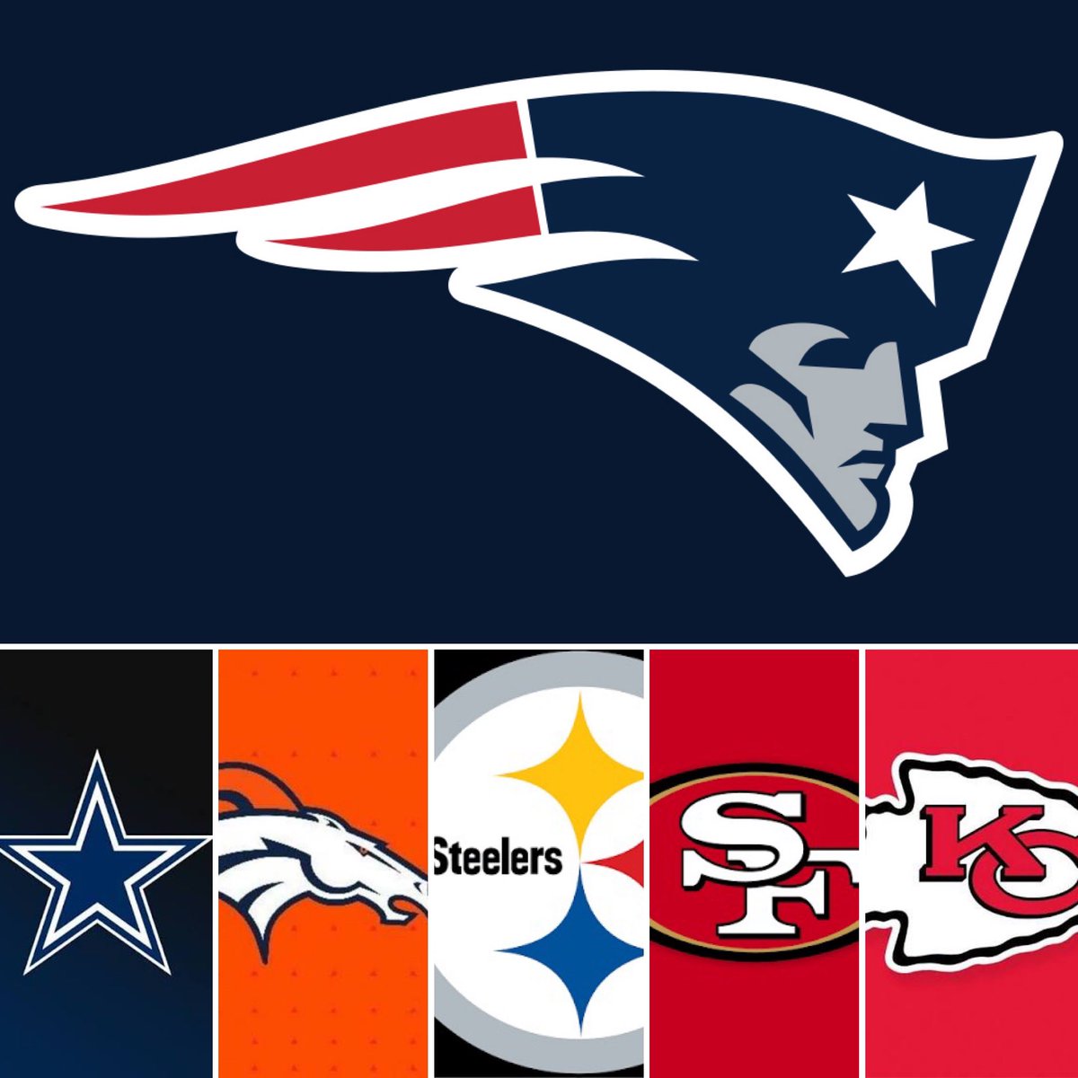Most Super Bowl appearances in NFL history:

12 - New England Patriots
8 - Dallas Cowboys
8 - Denver Broncos
8 - Pittsburgh Steelers
8 - San Francisco 49ers
7 - Kansas City Chiefs
5 - Severn Tied
