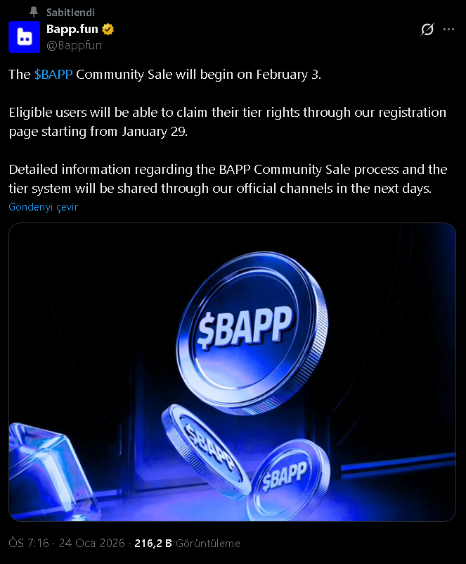 🚨 SCAM UYARISI!!! 🚨

Bir çok kullanıcı tarafından paylaşılan <a href="/Bappfun/">Bapp.fun</a> token satışı resmi bir ekosistem projesi olarak görünmüyor.

<a href="/base/">Base</a> ve <a href="/baseapp/">Base App</a> gibi resmi hesaplar bu hesap hakkında hiçbir paylaşım yapmadı. Ayrıca takipte etmiyorlar. 

✅Evet <a href="/baseapp/">Base App</a> tarafında ön satış