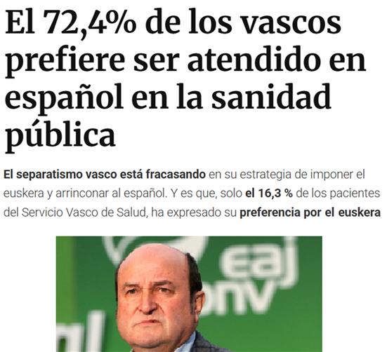Tras décadas de dar el coñazo con el euskera, presiones nacionalistas, imposición en la escuela y millones de euros públicos gastados en chiringuitos, resulta que la gente en el País Vasco, cuando le dan libertad, 5 veces más prefieren el español.