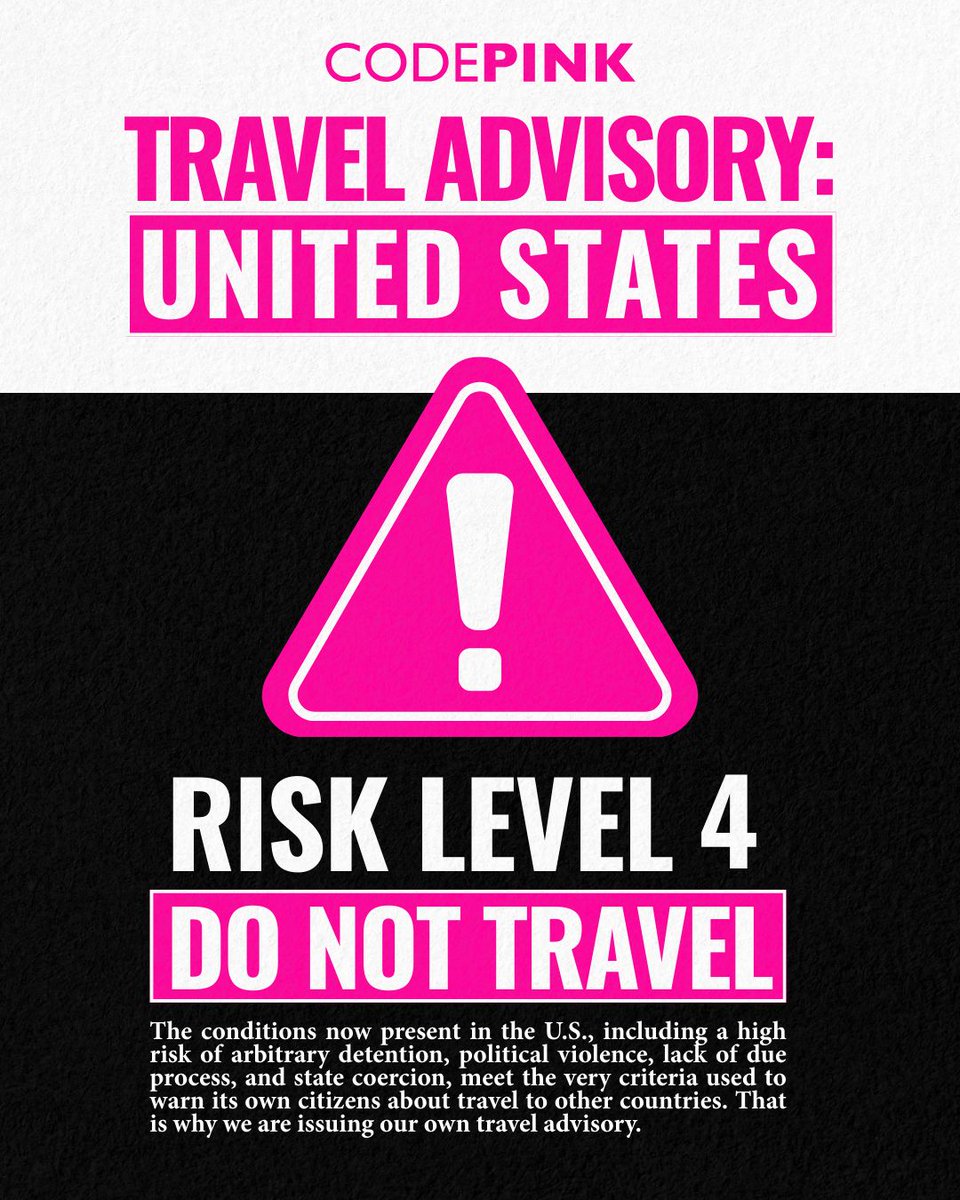 ⚠️ UNITED STATES - RISK LEVEL 4: DO NOT TRAVEL

ICE is terrorizing and killing people in the United States.

FIFA World Cup matches in the US are not safe to travel to or attend.

🔗 Tell FIFA to move all World Cup 2026 matches out of the US: codepink.org/fifa2026