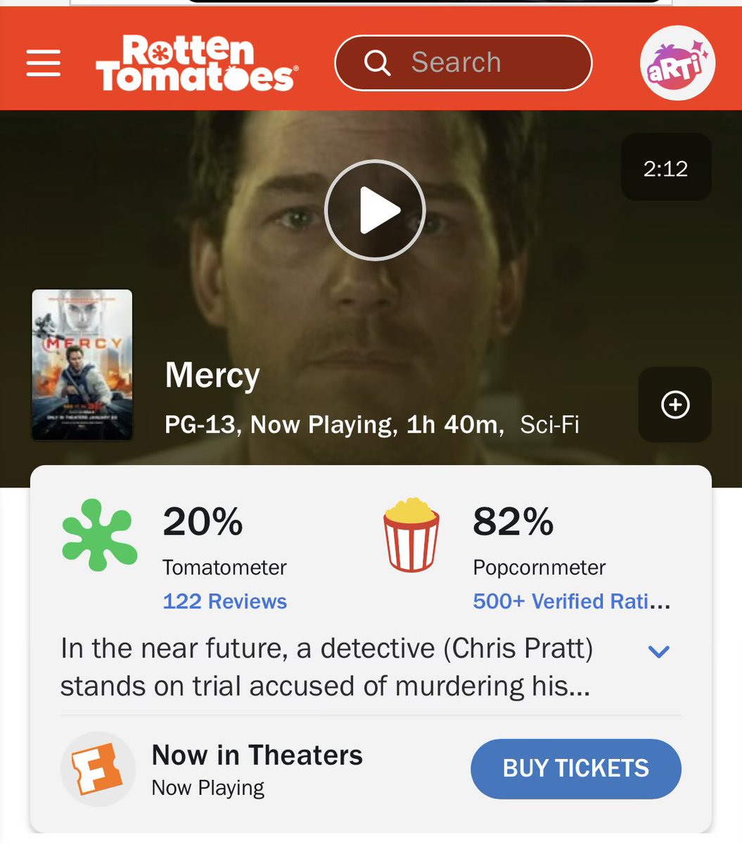 EndoYT3's tweet photo. Just got back from seeing Mercy, and I cannot believe critics gave this a 20%! 

This movie was super fun. Scarily realistic for the most part, too https://t.co/iRM8uEhMV6