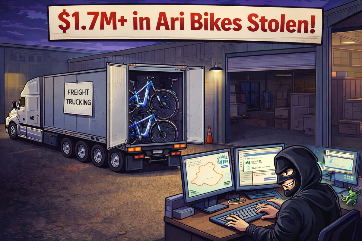 maybedanielleee's tweet photo. A semi-trailer with $1.7+ million worth of Ari bikes was stolen in California. Same stupid scheme we've seen for a while. 

The freight forwarder worked with a freight broker to bid out the load. The 'trucking company' spoofed the email address and won the load. 

The 'trucking company' hired another driver to pick up the freight and route it to their own warehouse. The last location ping was in Santa Clarita, California.