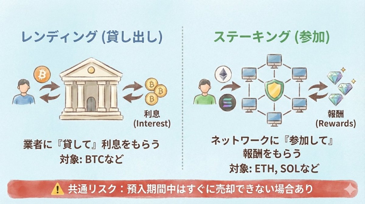仮想通貨を「寝かせて増やす」2つの方法 🏦レンディング ＝ 業者に「貸して」利息をもらう 仕組みがシンプル。BTCでも可能。 🛡️ステーキング ＝  ネットワークに「参加して」報酬をもらう 仕組みが先進的。ETHやSOLなど対象。 どちらも「ガチホ」するなら検討の価値あり ...