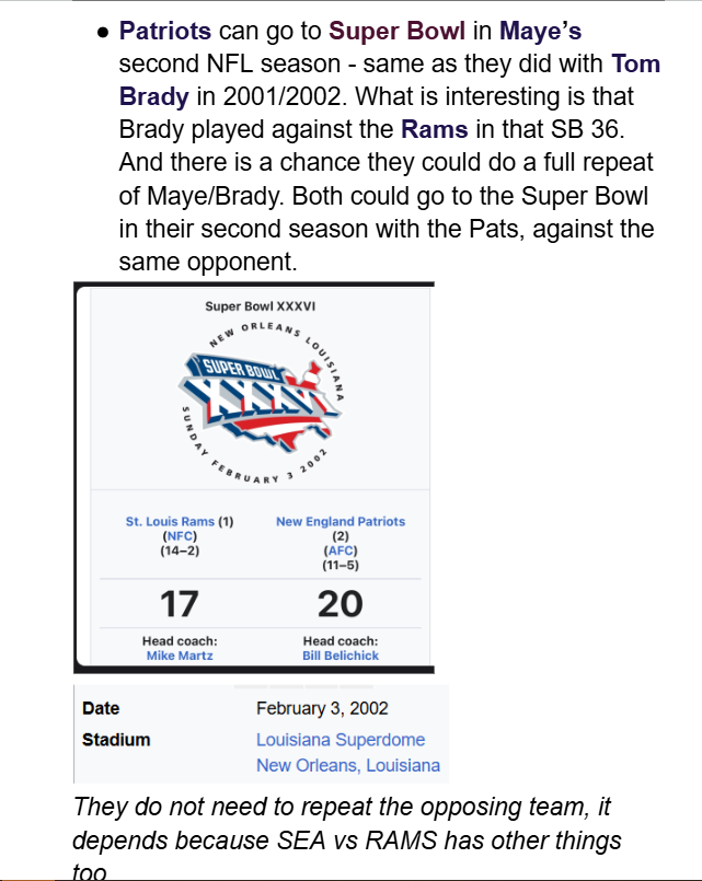 SerbianGematria's tweet photo. DRAKE MAYE'S PATRIOTS CAREER IS SCRIPTED JUST LIKE TOM BRADY'S 🤯🤯🤯

TOM BRADY - WENT TO SUPER BOWL IN HIS SECOND SEASON WITH PATRIOTS

DRAKE MAYE - WENT TO SUPER BOWL IN HIS SECOND SEASON WITH PATRIOTS

WHAT IS CRAZY IS THAT THEY CAN ALSO REPEAT AN OPPONENT, BRADY PLAYED RAMS BACK THEN!

SEAHAWKS VS RAMS IS A SKIP FOR ME, ILL WRITE SHORT CASE FOR BOTH TEAMS IN NEXT POST!

#GEMATRIA