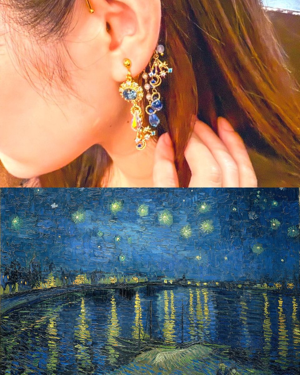 monet1114_1840's tweet image. 絵画をイメージしたイヤリングとイヤーフックの重ね付け🌃*ೄ‧͙·*♪

#重ね付けが正義の日
#365DIYtheme