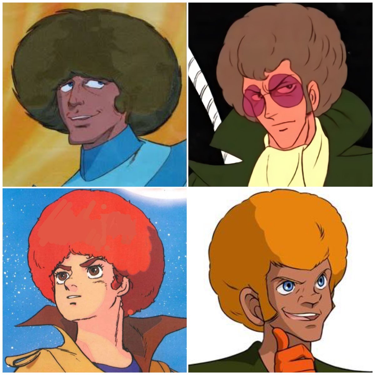 本日1月26日は「アフロの日」！
不動のアフロ四天王をご覧ください！

アンドロー・梅田『宇宙の騎士テッカマン』
夕月京四郎『闘将ダイモス』
ユウキ・コスモ『伝説巨神イデオン』
バニラ・バートラー『装甲騎兵ボトムズ』
#アフロの日 #今日は何の日