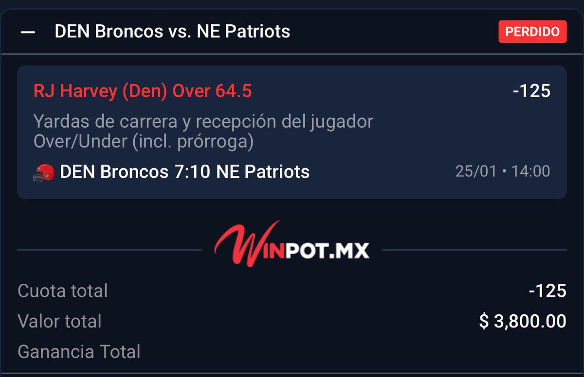 Que coraje no irnos perfectos en este partido ptm.🤬

Teníamos TODO para ganar las dos apuestas caminando, pero el clima no ayudó mucho.

Necesitábamos 5 yds y RJ Harvey tuvo 4 toques entre acarreos y recepciones para terminar el juego, y logró la maravillosa cantidad de -2 yds.