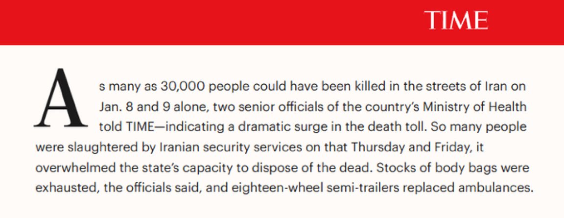 agusantonetti's tweet image. 🇮🇷 — La revista TIME dice que solo entre el 8 y 9 de enero se podrían haber asesinado a 30.000 personas en las protestas en Irán.

Es un promedio de 625 personas asesinadas por HORA.
Unas 10 personas por MINUTO.

No puede ser que esto no sea un escándalo mundial. Genocidio total.