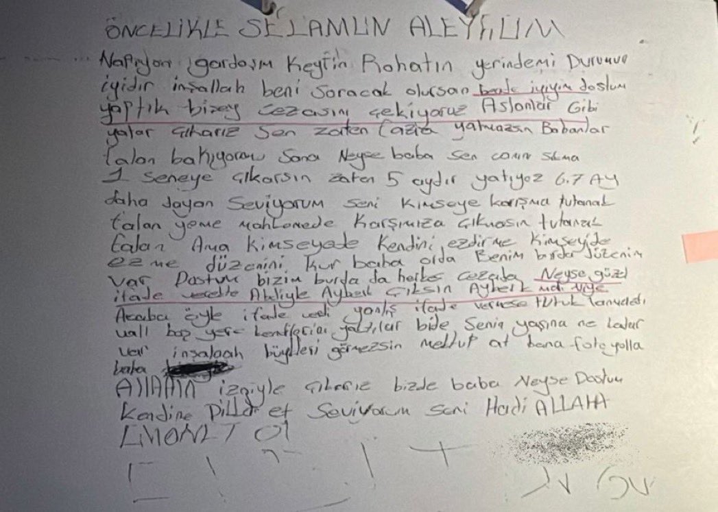 📌 “beni soracak olursan başta iyiyim dostum yaptık birey cezasını çekiyoz Aslanlar gibi
yatar çıkarız”
📌 “Sen zaten fazla yatmazsın canını sıkma 1 seneye çıkarsın zaten 5 aydır yatıyoz 6-7 ay
daha dayan”
📌 “kimseye karışma tutanak falan yeme mahkemede karşımıza çıkmasın,