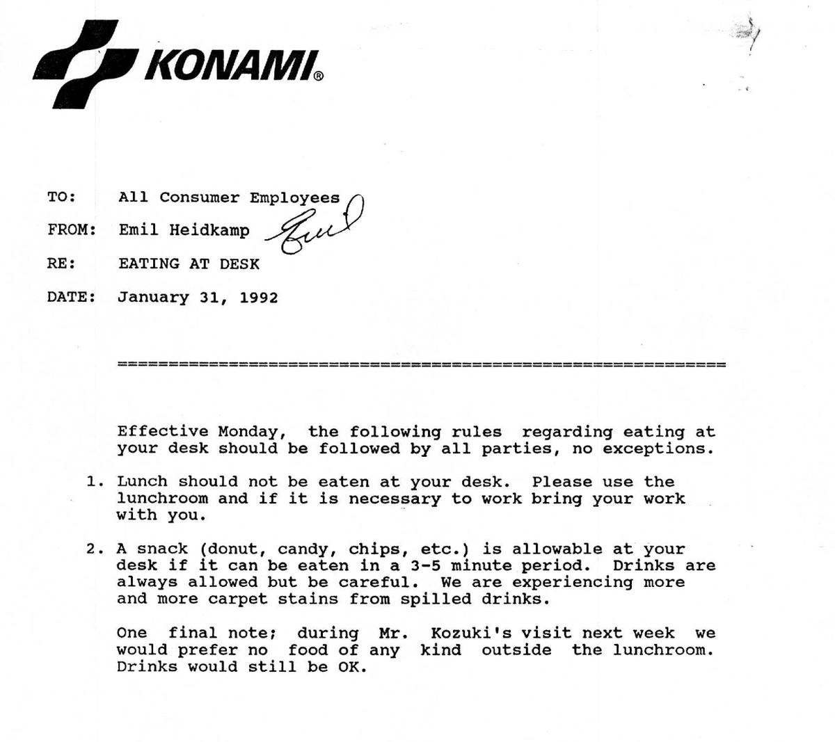 Mundane memos from '90s Konami of America? Great social history documents, as it happens: archive.gamehistory.org/item/6c7ff961-… (And yes, the office was pretty strict.)