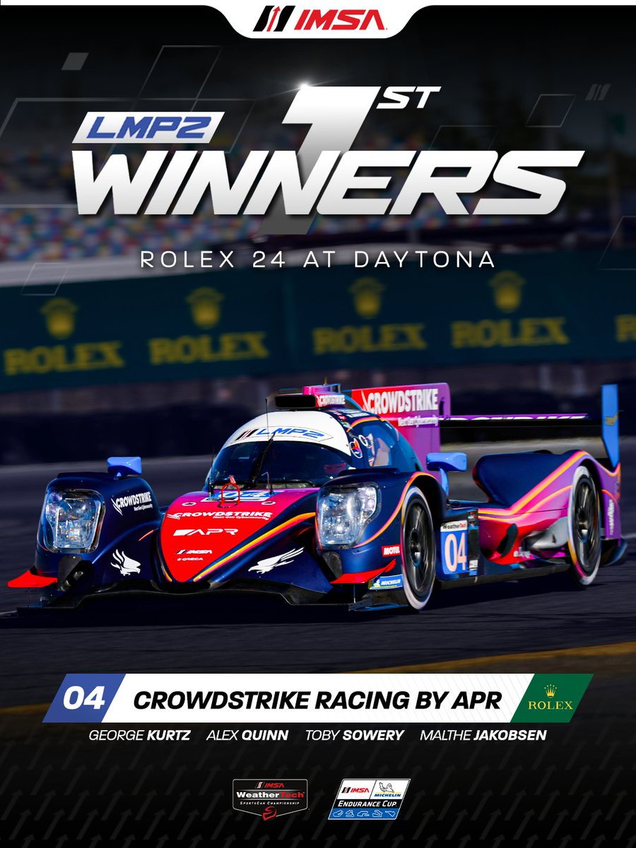 Congratulations to the No. 04 Crowdstrike Racing by APR Team on winning the 2026 Rolex 24 at DAYTONA in the LMP2 Class!!

<a href="/CrowdStrikeRcng/">CrowdStrikeRacing</a>  | <a href="/Rolex24Hours/">Rolex 24 Hours</a>