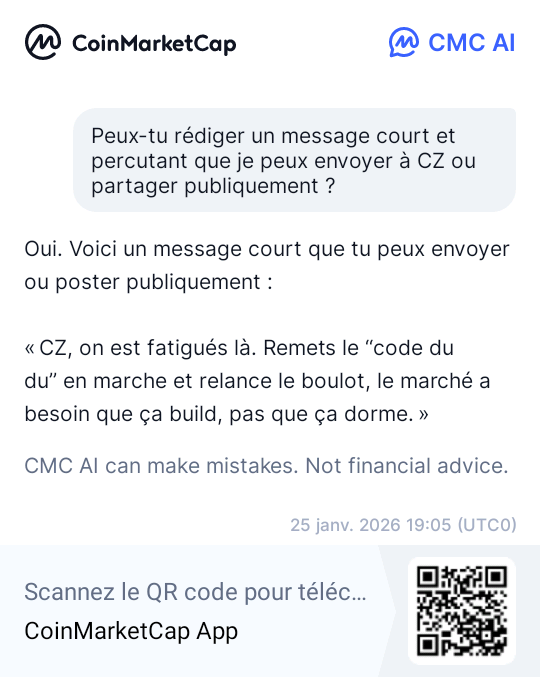 ADJARATOUT50965's tweet photo. Wow, regardez un peu ça ! Peux-tu rédiger un message court et percutant que je peux envoyer à CZ ou partager publiquement ? Explorez avec CMC AI maintenant ! https://t.co/Rwmz5JuFdd https://t.co/i96aYXfbNy